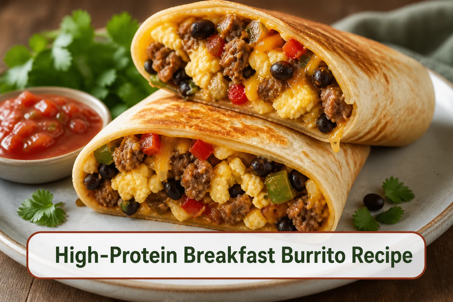 High-protein breakfast burrito cut open to show eggs, turkey sausage, black beans, peppers and melted cheese, salsa on the side.; title text reads High-Protein Breakfast Burrito Recipe