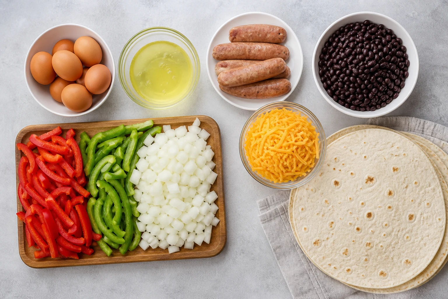 Eggs, egg whites, turkey sausage, peppers, onion, black beans, cheddar and large tortillas arranged for meal prep.