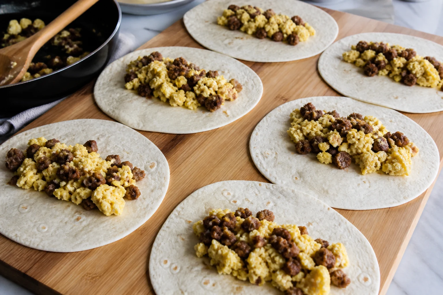 Cooled egg and sausage fillings portioned across warm flour tortillas before tight rolling.