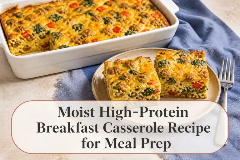 Egg casserole slices with title reading Moist High-Protein Breakfast Casserole Recipe for Meal Prep