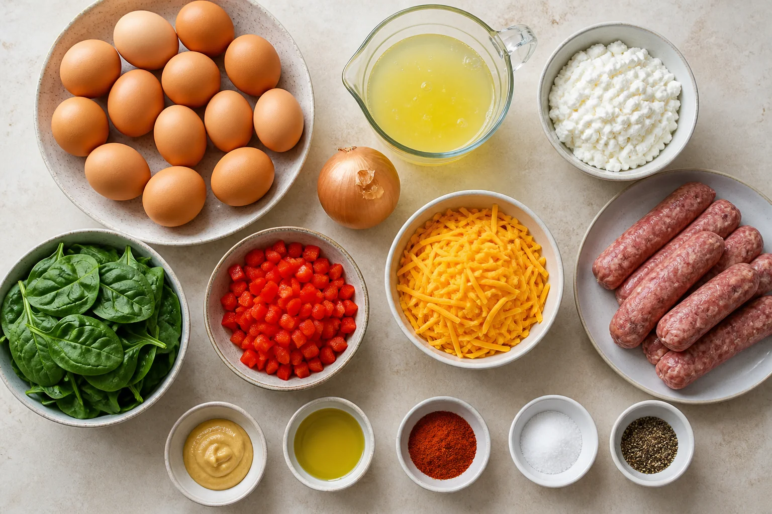 Eggs, liquid egg whites, cottage cheese, turkey breakfast sausage, onion, red bell pepper, spinach, cheddar, Dijon and spices
