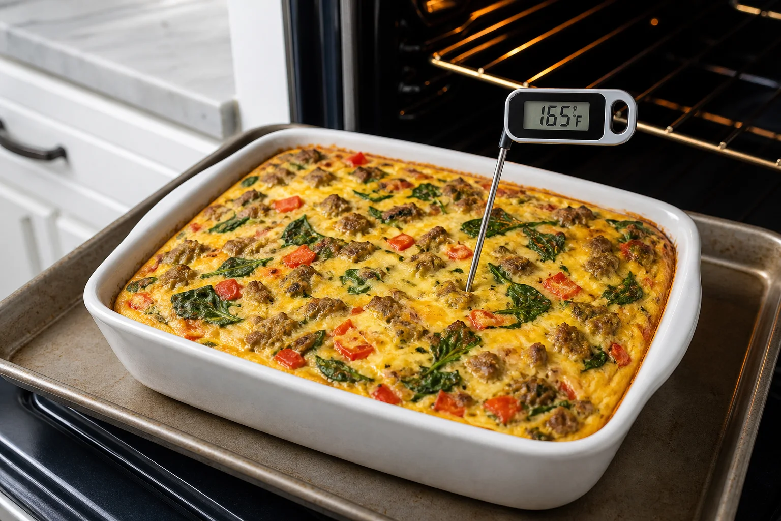 Baked breakfast casserole in a 9-by-13-inch dish being checked in the center with a food thermometer