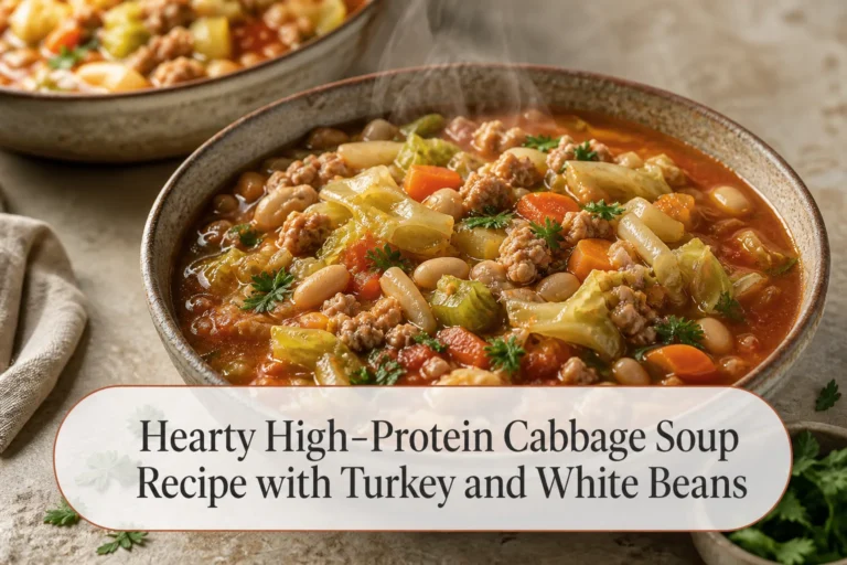 Turkey and white bean cabbage soup with title reading Hearty High-Protein Cabbage Soup Recipe with Turkey and White Beans