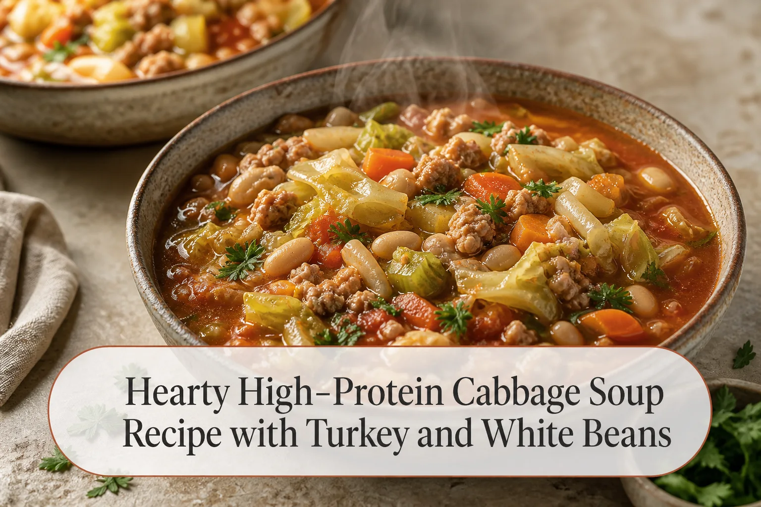 Turkey and white bean cabbage soup with title reading Hearty High-Protein Cabbage Soup Recipe with Turkey and White Beans