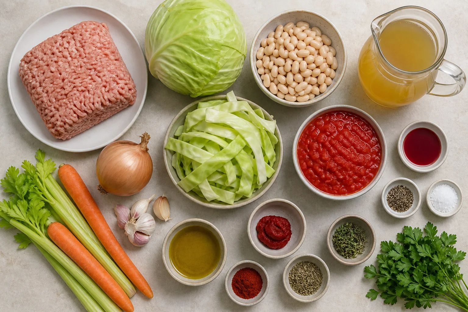 Ground turkey, green cabbage, cannellini beans, tomatoes, broth, onion, carrots, celery, garlic, herbs and vinegar