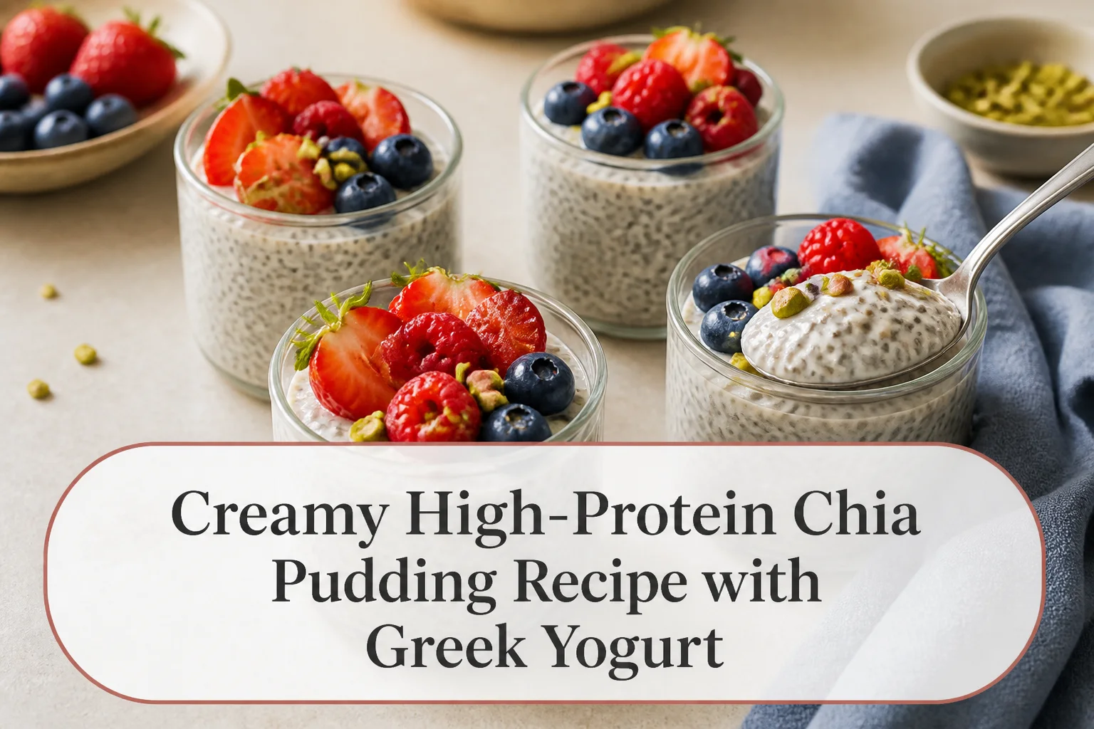 Berry chia pudding with title reading Creamy High-Protein Chia Pudding Recipe with Greek Yogurt