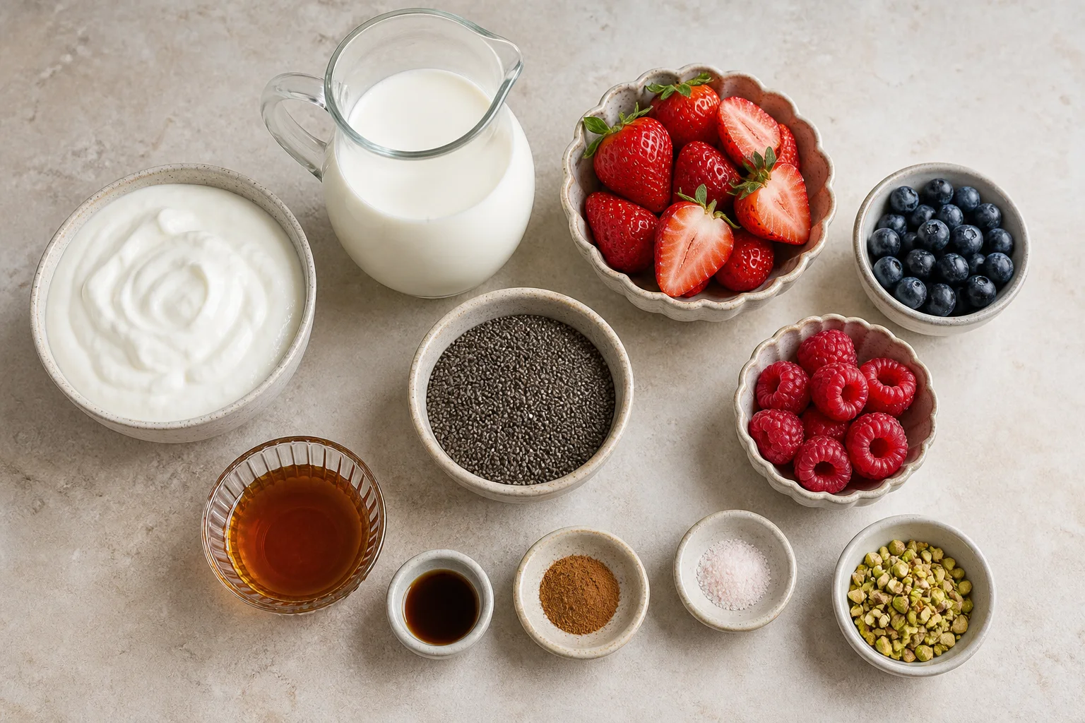 Greek yogurt, milk, chia seeds, maple syrup, vanilla, cinnamon, salt, berries and pistachios