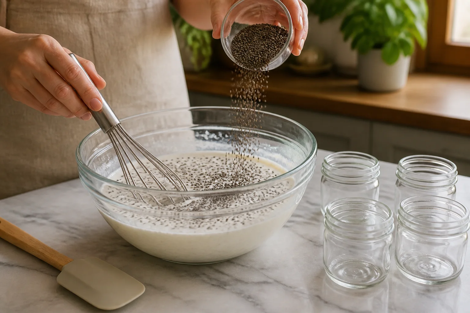 Chia seeds being sprinkled gradually into a smooth Greek yogurt and milk mixture while whisking