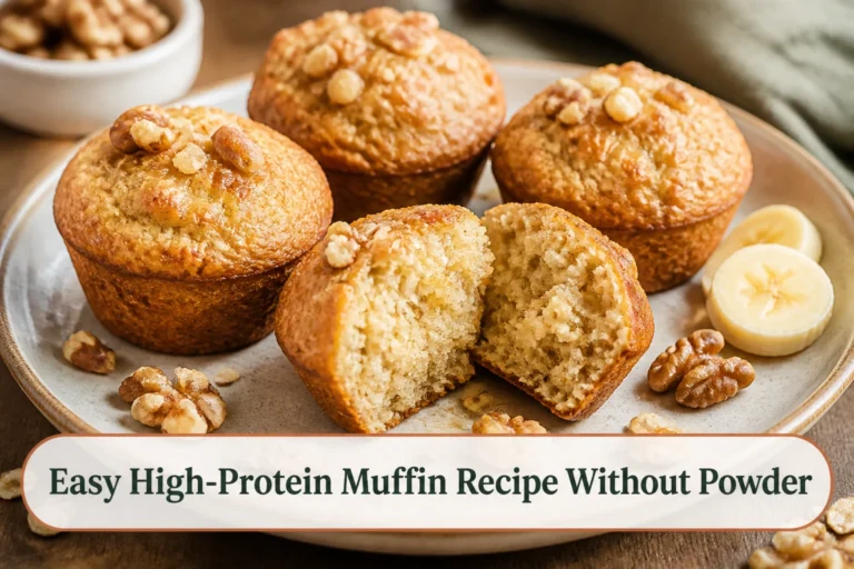 Golden oat and cottage-cheese protein muffins with banana, one split to show a moist tender crumb, walnuts scattered nearby.; title text reads Easy High-Protein Muffin Recipe Without Powder
