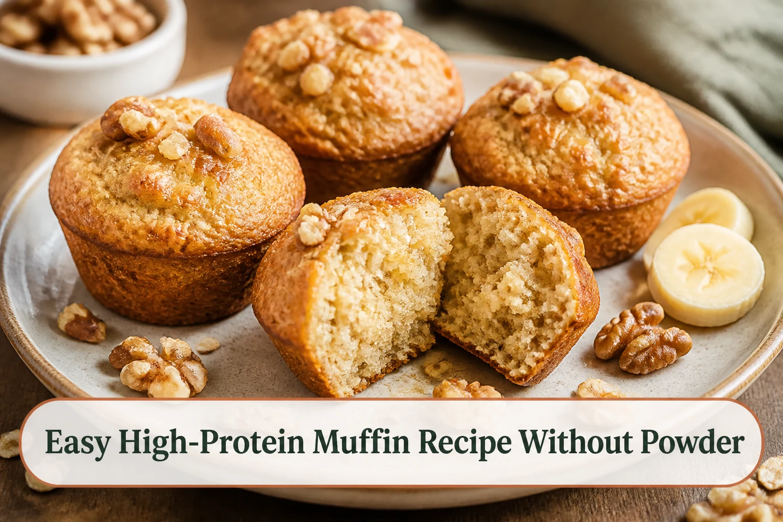 Golden oat and cottage-cheese protein muffins with banana, one split to show a moist tender crumb, walnuts scattered nearby.; title text reads Easy High-Protein Muffin Recipe Without Powder