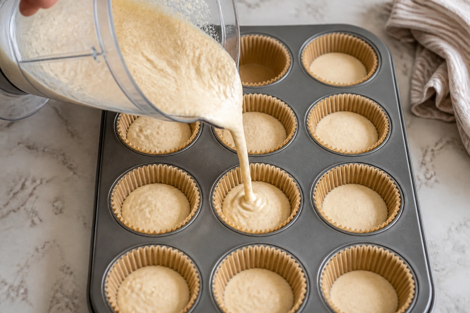 Smooth oat-banana-cottage-cheese batter being poured from a blender into lined muffin cups.