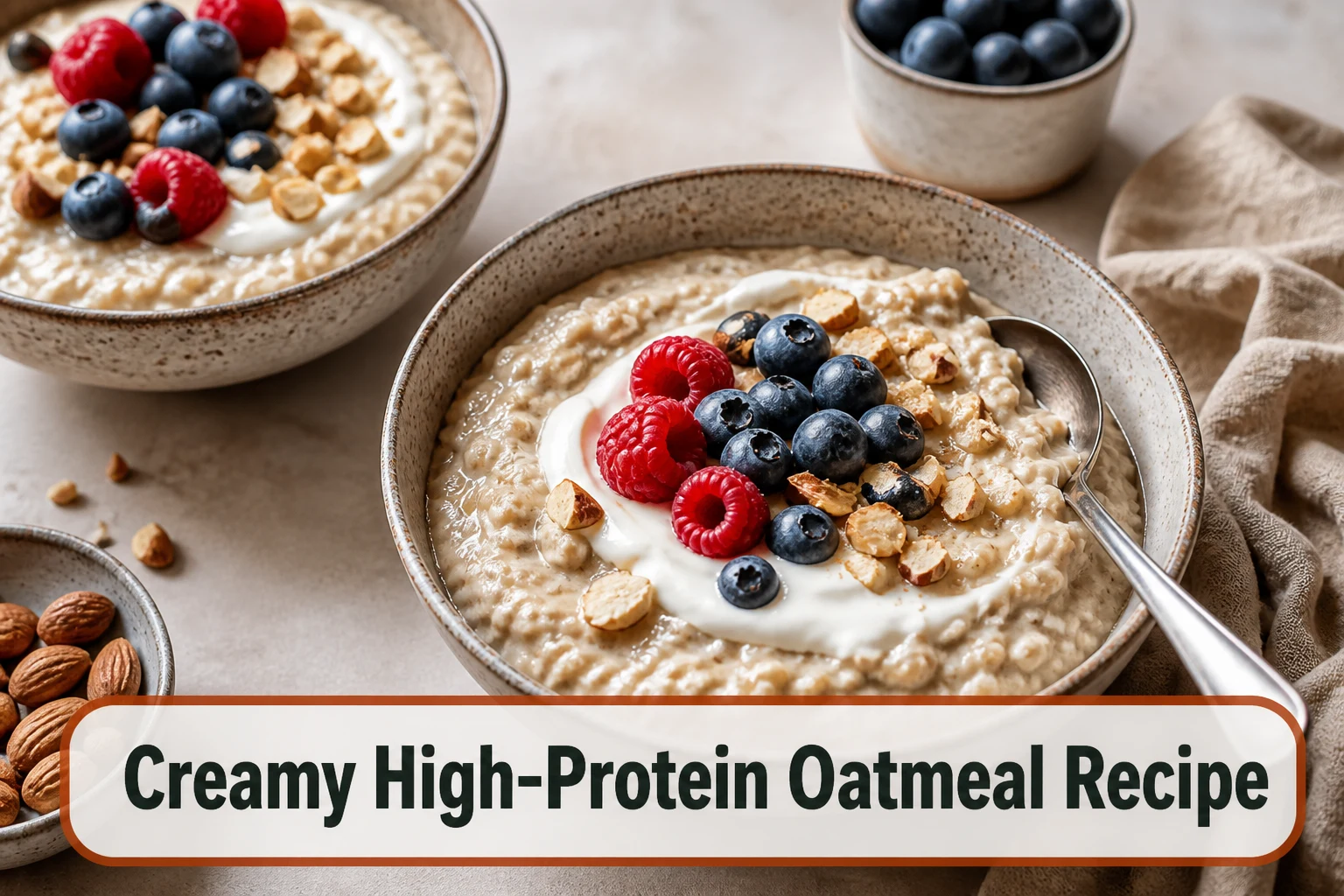 Creamy high-protein oatmeal in two bowls with berries, Greek yogurt swirl and chopped almonds, spoonable texture visible.; title text reads Creamy High-Protein Oatmeal Recipe