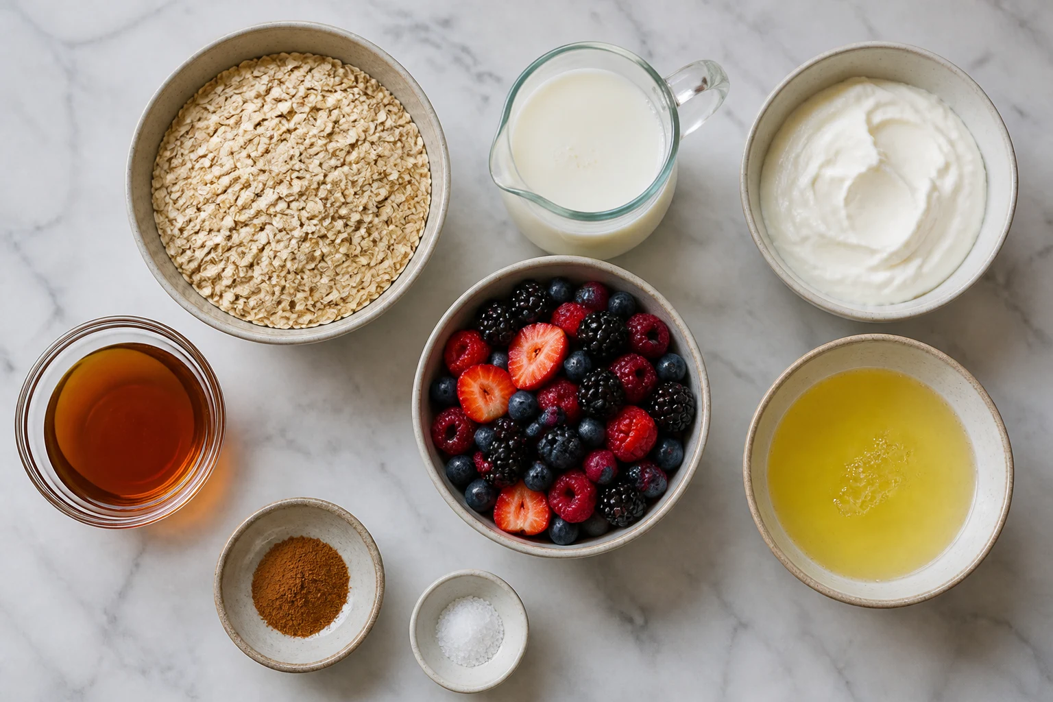 Rolled oats, milk, carton egg whites, Greek yogurt, maple syrup, cinnamon, salt and berries.