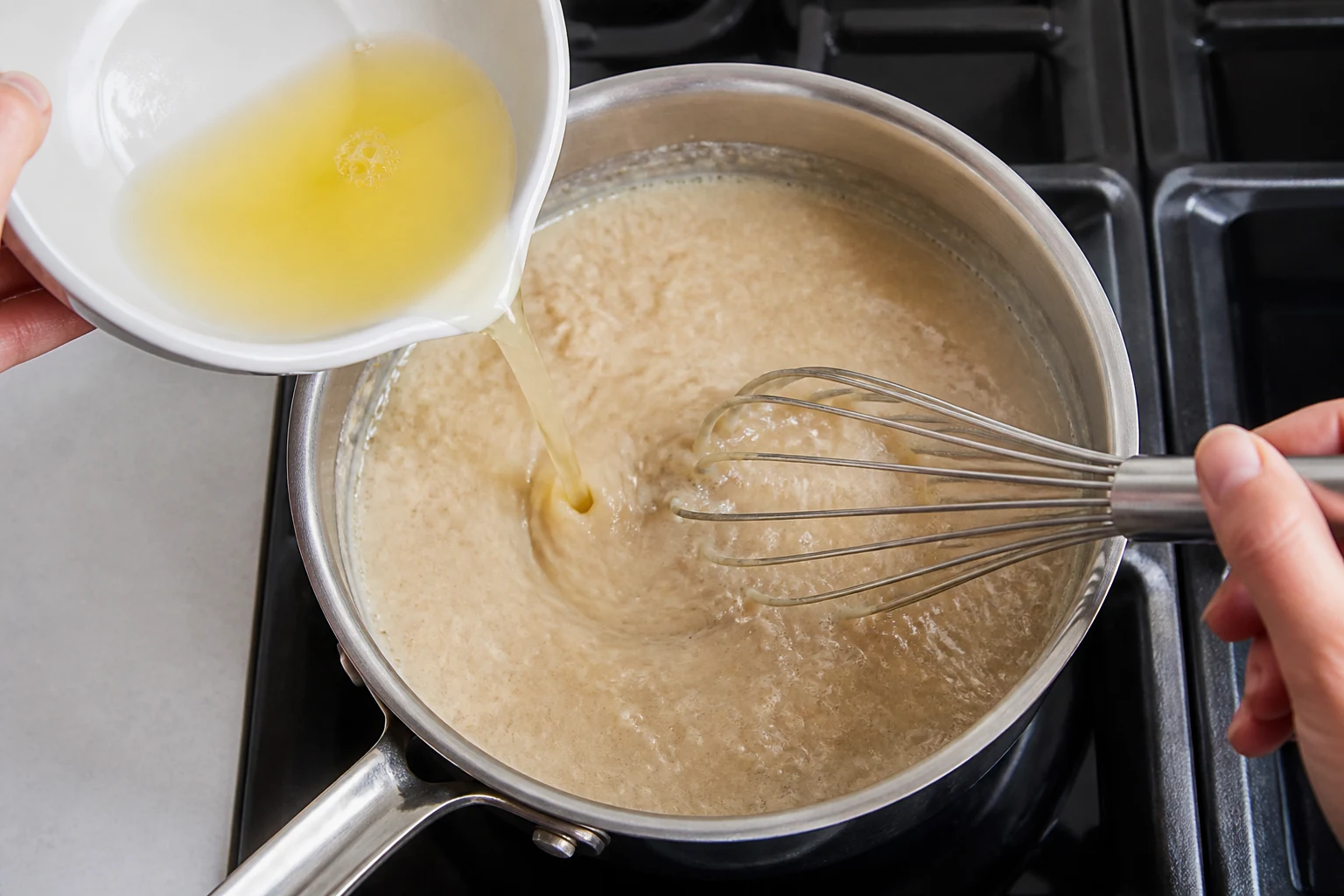 Egg whites being streamed into gently simmering oatmeal while a whisk keeps the mixture smooth.