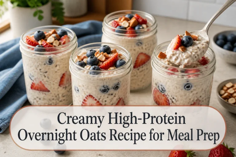Berry overnight oats with title reading Creamy High-Protein Overnight Oats Recipe for Meal Prep