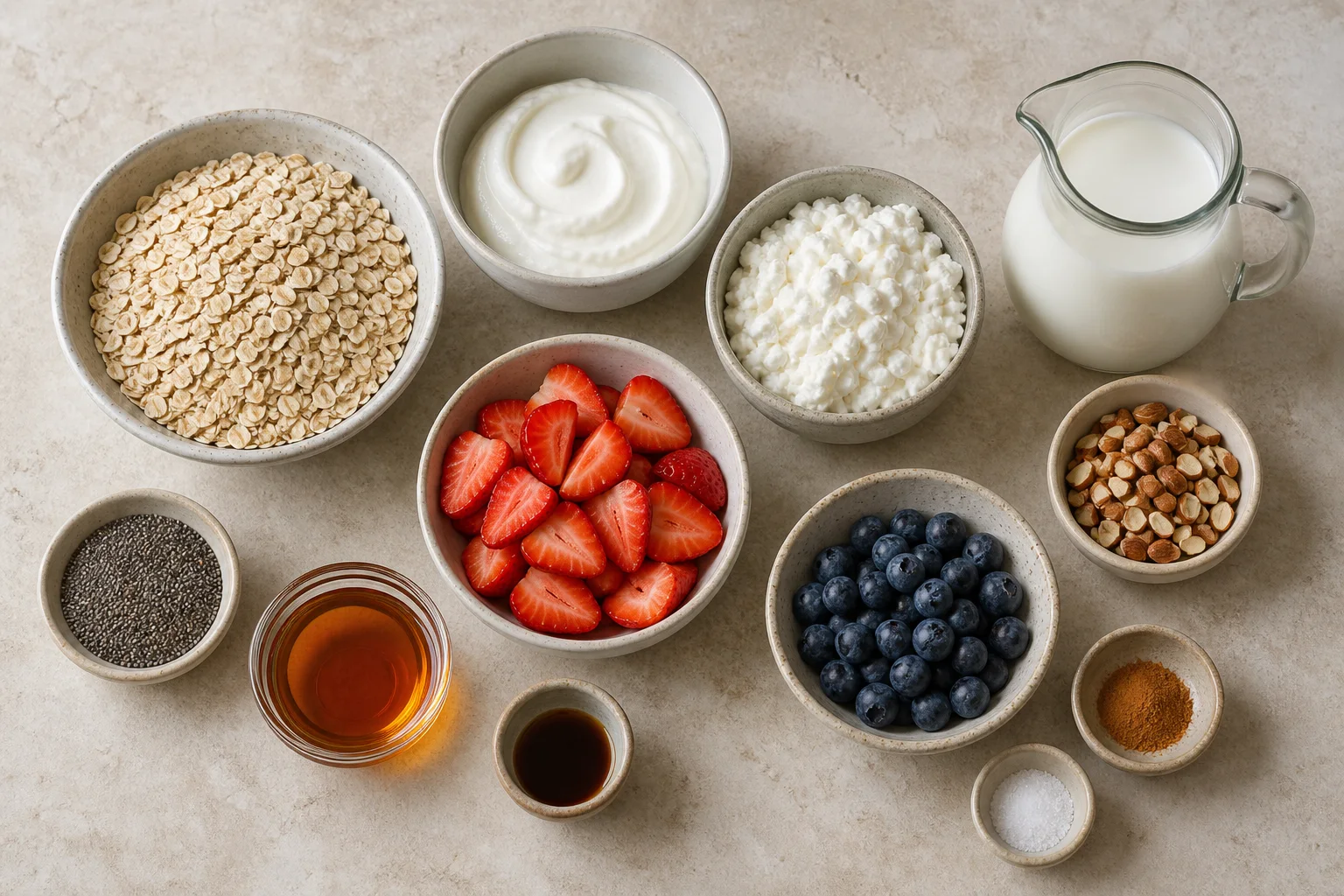 Rolled oats, Greek yogurt, cottage cheese, milk, chia seeds, maple syrup, vanilla, cinnamon, berries and almonds