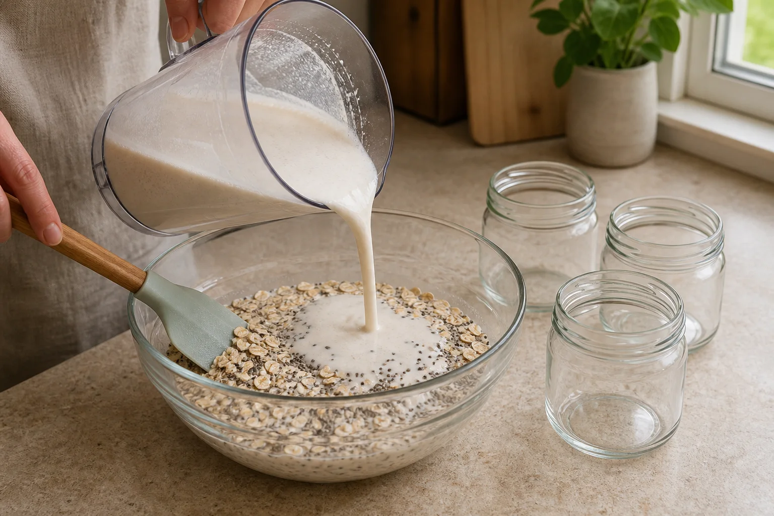Smooth blended dairy base being folded into rolled oats and chia seeds in a glass mixing bowl