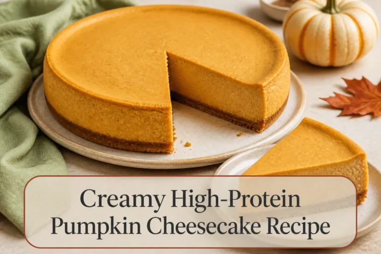 Pumpkin cheesecake slice with title reading Creamy High-Protein Pumpkin Cheesecake Recipe