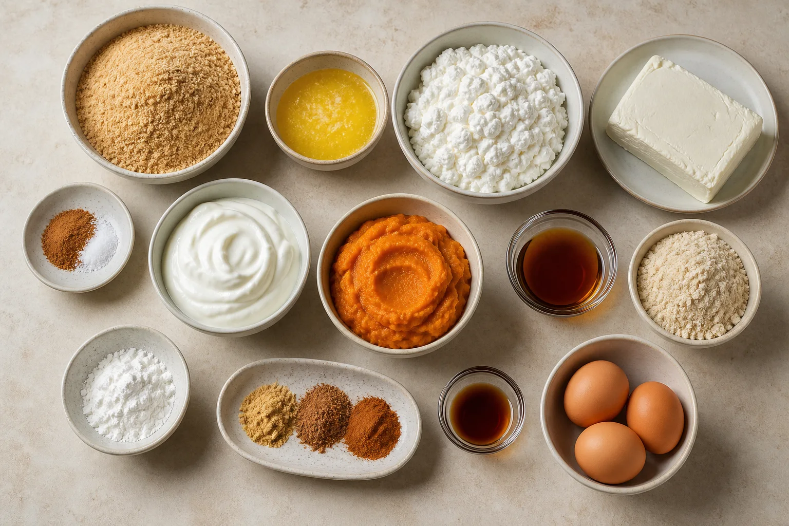 Graham crackers, butter, cottage cheese, reduced-fat cream cheese, Greek yogurt, pumpkin, maple syrup, protein powder, eggs and spices