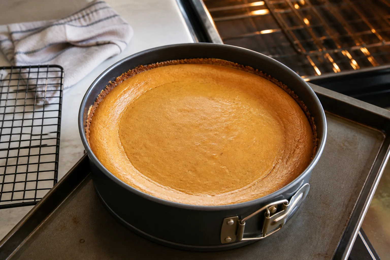 Baked pumpkin cheesecake in a springform pan with set edges and a softly wobbling center