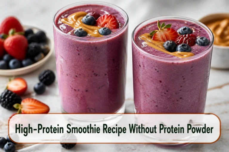 Two thick berry high-protein smoothies in clear glasses with visible creamy texture, fresh berries and a peanut-butter swirl.; title text reads High-Protein Smoothie Recipe Without Protein Powder