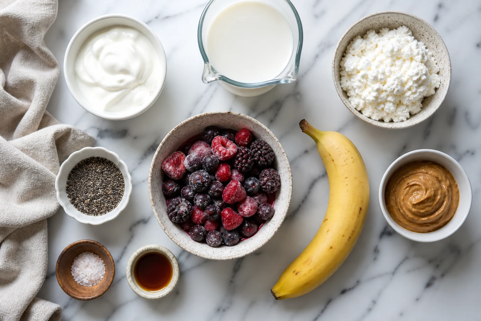 Milk, Greek yogurt, cottage cheese, frozen berries, banana, peanut butter, chia, vanilla and salt.