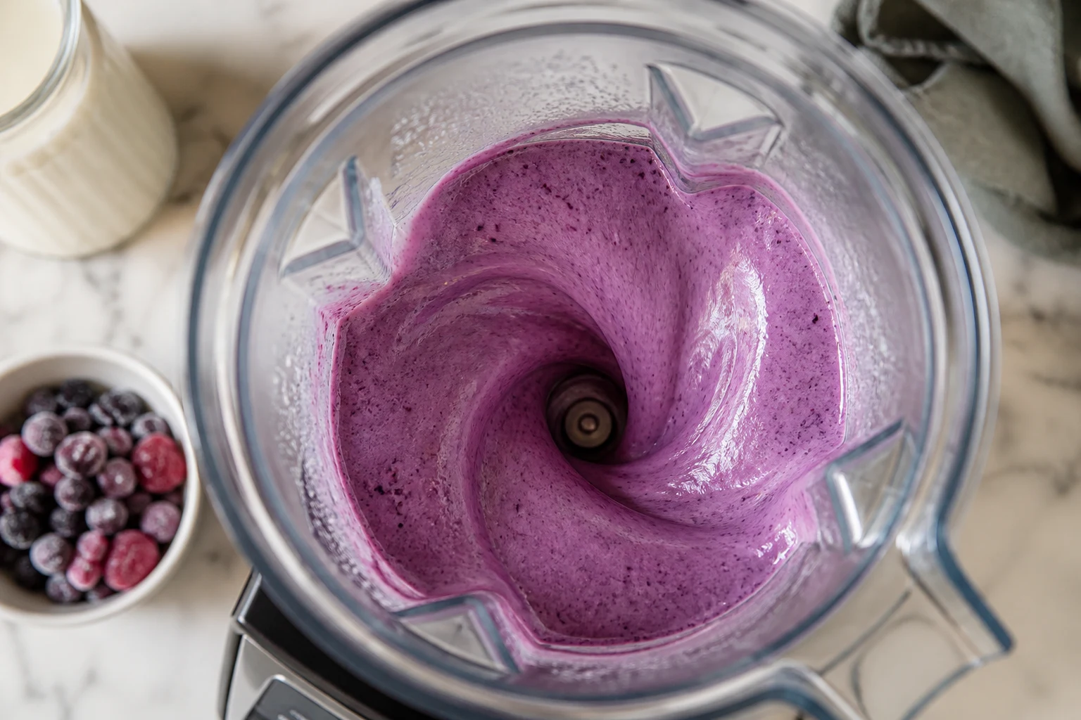Dairy base and frozen berries blending into a smooth vivid-purple mixture inside a countertop blender.