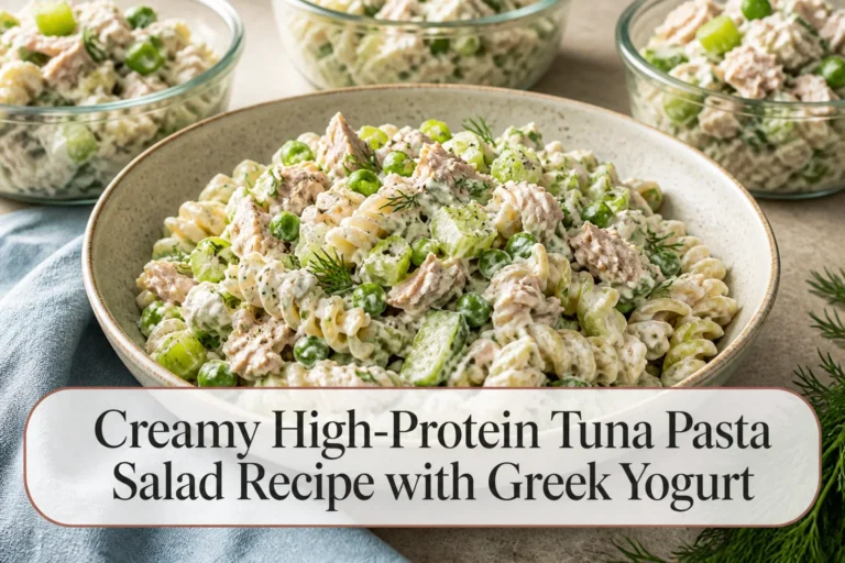 Creamy tuna pasta salad with title reading Creamy High-Protein Tuna Pasta Salad Recipe with Greek Yogurt