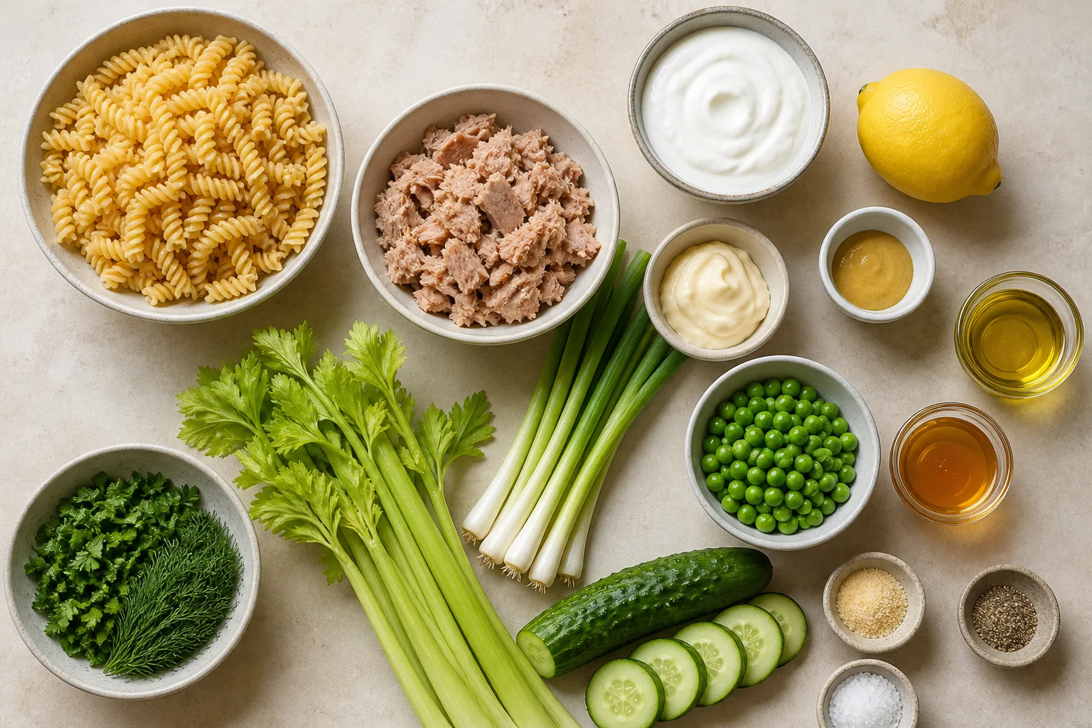 Protein rotini, canned tuna, Greek yogurt, mayonnaise, lemon, Dijon, celery, cucumber, peas, scallions and herbs