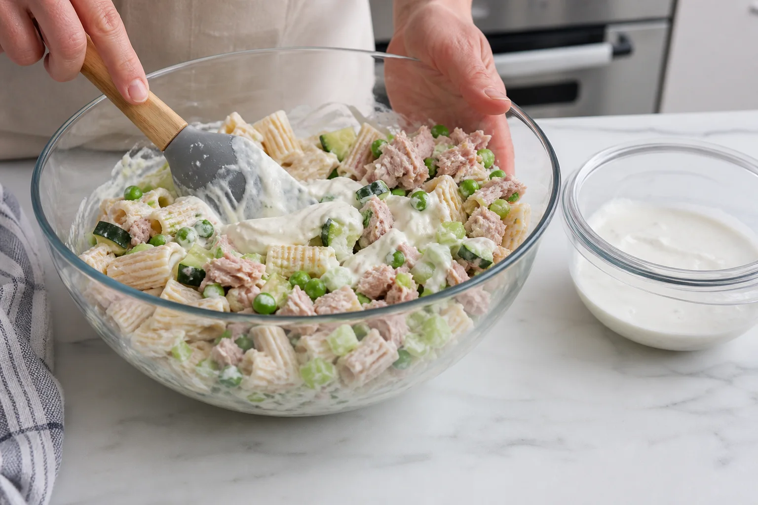 Two-thirds of Greek yogurt dressing being folded gently into cooled pasta, tuna and dry vegetables
