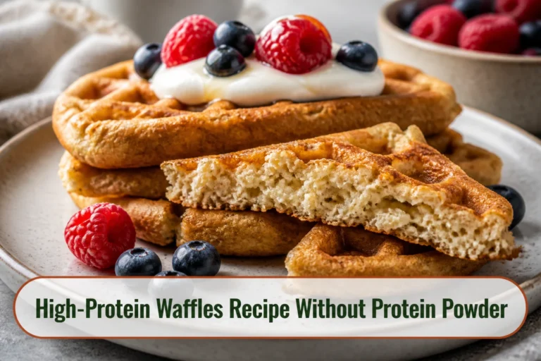 Crisp golden oat and cottage-cheese waffles stacked with berries and yogurt, one cut to show a tender airy center.; title text reads High-Protein Waffles Recipe Without Protein Powder