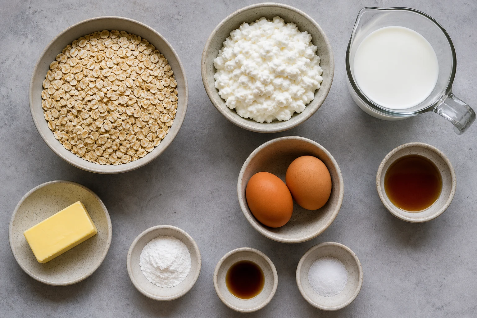 Rolled oats, cottage cheese, eggs, milk, maple syrup, butter, baking powder, vanilla and salt.
