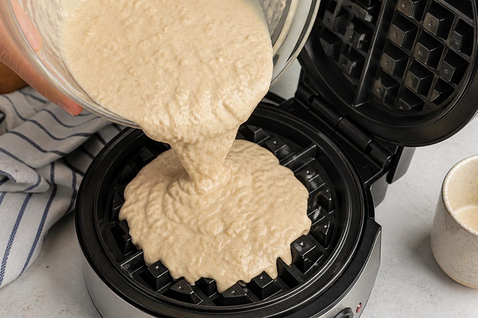 Smooth oat-cottage-cheese batter being poured into a fully preheated round waffle iron.