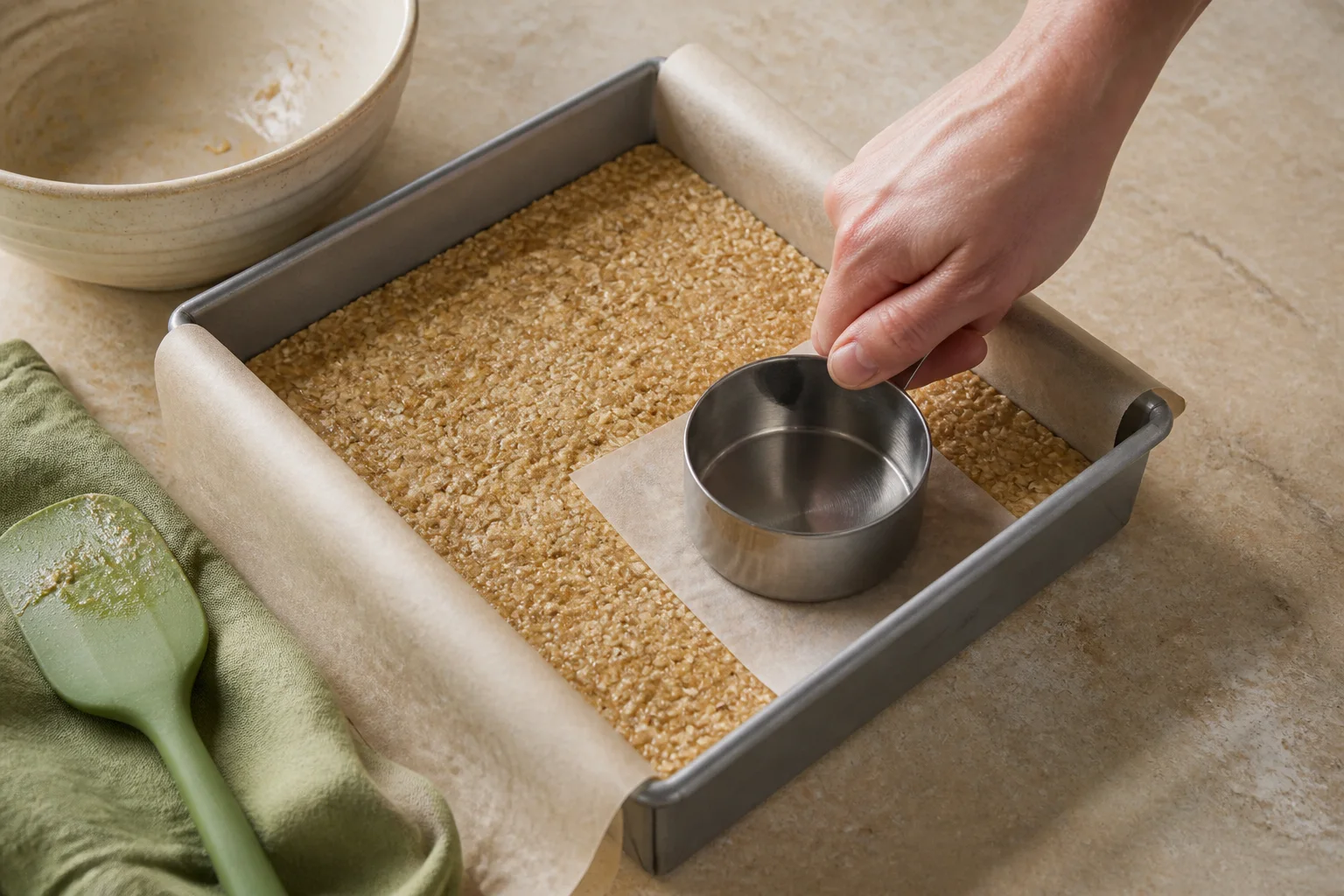 Flat measuring cup pressing oat bar mixture evenly into a parchment-lined square metal pan