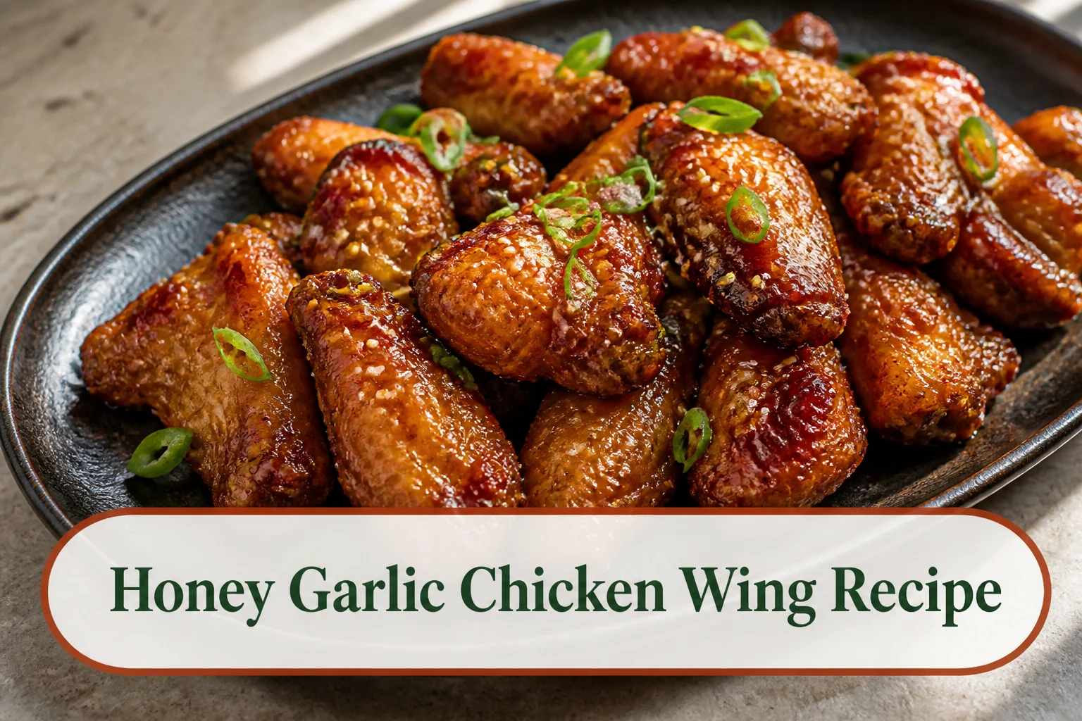 Glossy honey garlic chicken wings on a dark ceramic platter with lacquered amber glaze, scattered scallions and sesame seeds, crisp browned edges and realistic sticky texture. The lower title bubble reads Honey Garlic Chicken Wing Recipe.