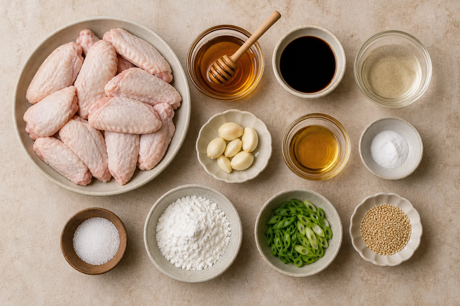 Split raw chicken wings, honey, reduced-sodium soy sauce, garlic, rice vinegar, sesame oil, baking powder, salt, cornstarch, scallions and sesame seeds measured neatly.