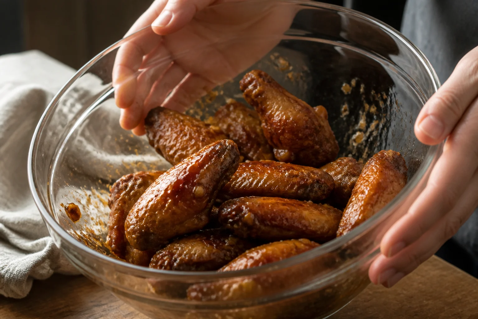 Deeply browned baked chicken wings being lightly tossed in a bowl with warm amber honey-garlic glaze, sauce visibly clinging without pooling.