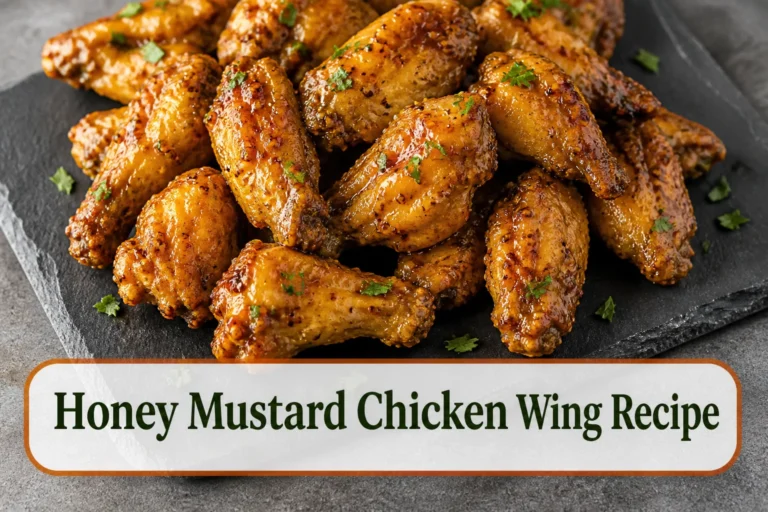 Glossy honey mustard chicken wings on a charcoal platter, crisp golden edges under a thin amber-yellow glaze with mustard seeds and parsley. The lower title bubble reads Honey Mustard Chicken Wing Recipe.