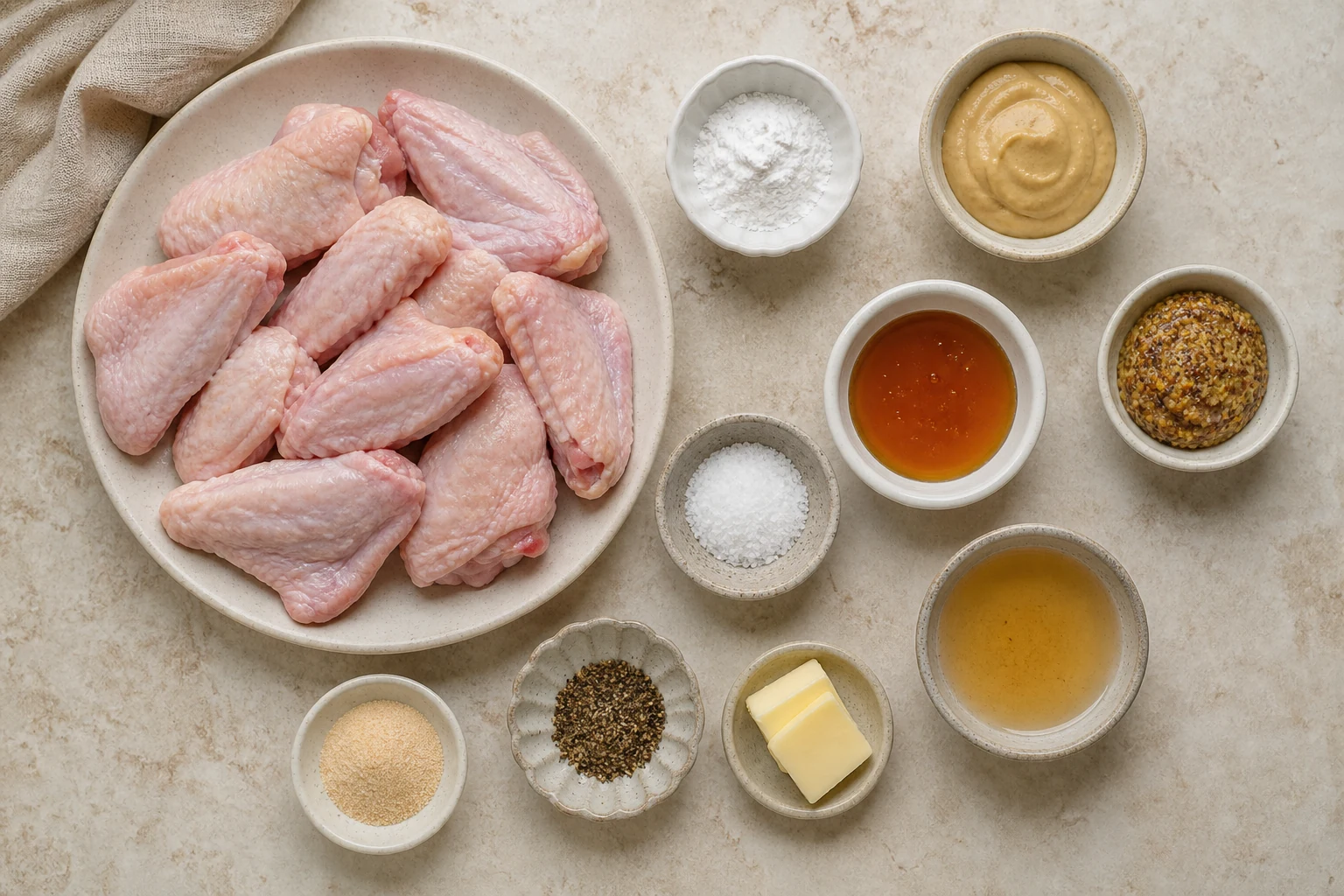 Split raw chicken wings, baking powder, salt, Dijon, honey, whole-grain mustard, cider vinegar, butter, garlic powder and black pepper overhead.