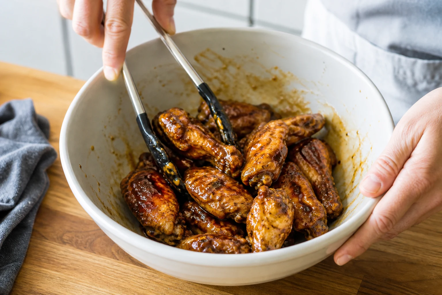 Deeply browned safely cooked wings in a clean bowl being tossed with a restrained warm honey-mustard glaze that clings without pooling.