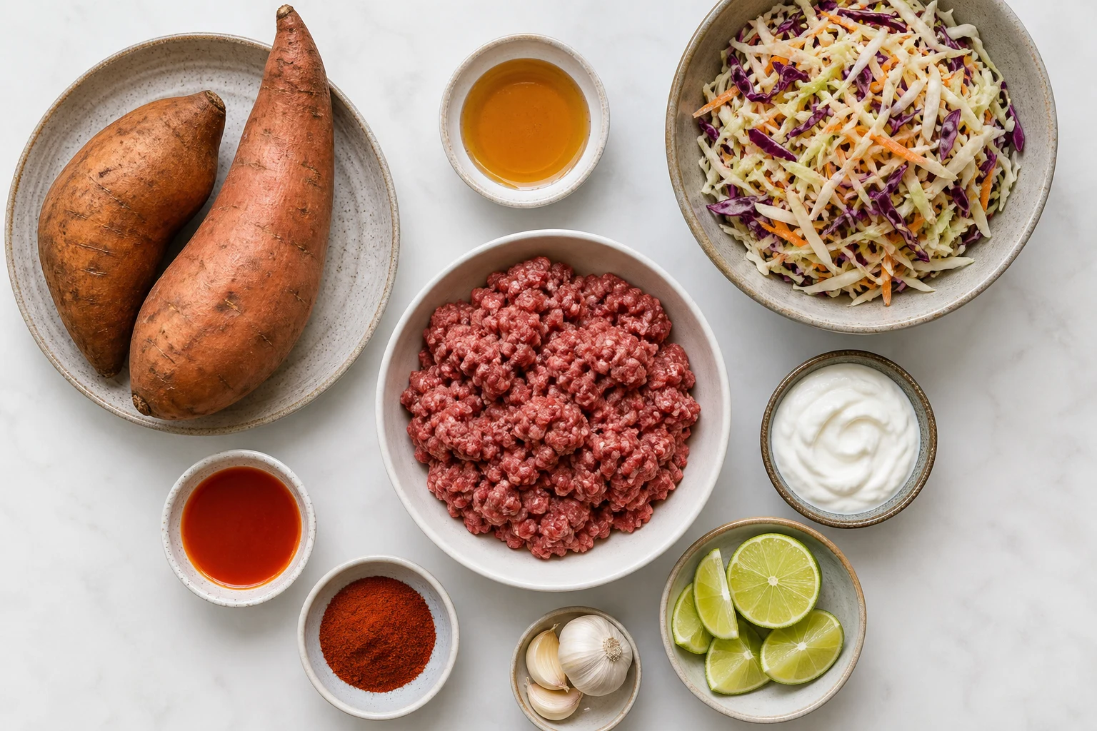 Sweet potatoes, ground beef, honey, hot sauce, cabbage slaw, Greek yogurt, lime, paprika and garlic.