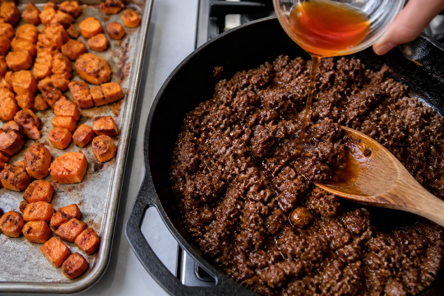 Craggy browned ground beef being folded with glossy hot honey off heat while sweet potatoes roast on a sheet pan.