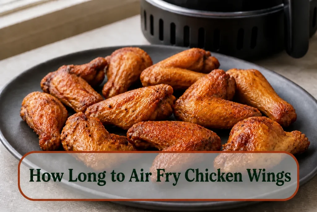 Crisp golden air-fried chicken wings on a charcoal platter, natural blistered skin, one wing opened to show juicy meat, black air fryer softly behind. The lower title bubble reads How Long to Air Fry Chicken Wings.