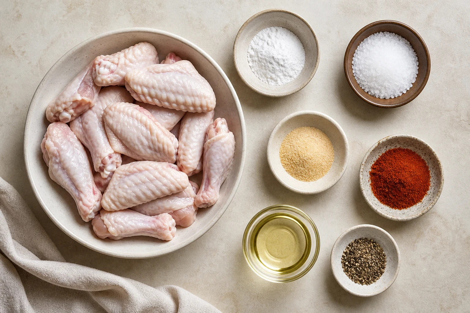 Split raw chicken wings, aluminum-free baking powder, kosher salt, garlic powder, smoked paprika, black pepper and a small dish of neutral oil arranged overhead.