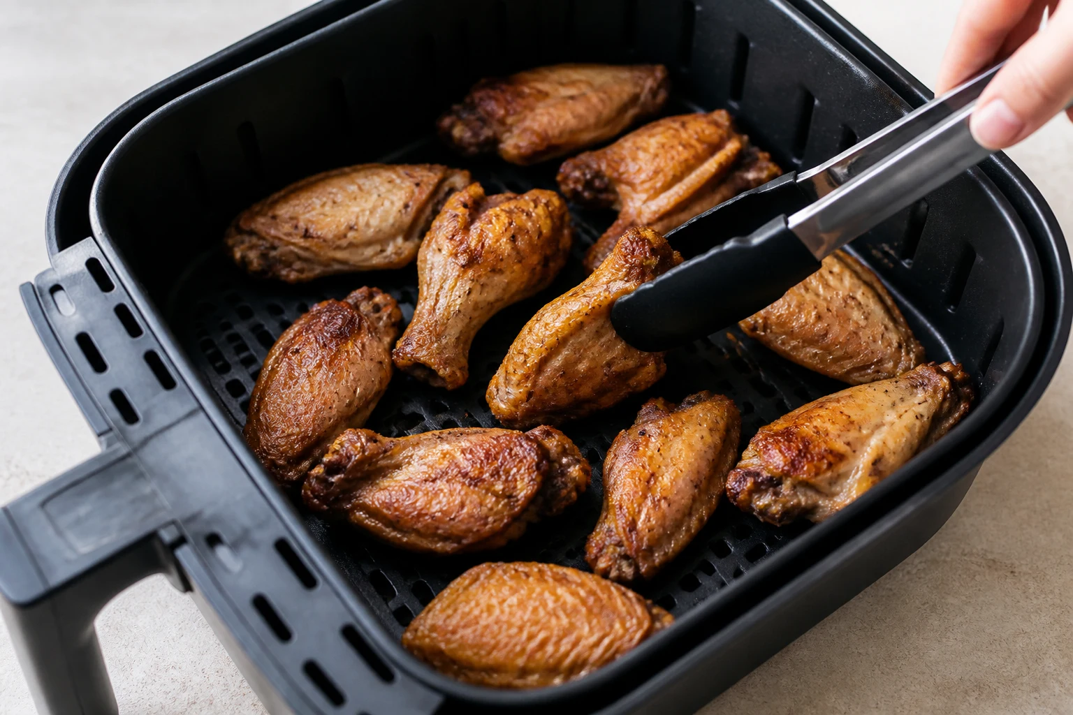 Thawed split wings in one loose layer inside a realistic basket-style air fryer as tongs turn a browned wing midway through cooking.