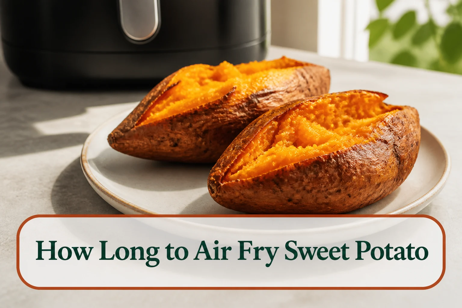 Two whole air-fried sweet potatoes split open on a cream plate, fluffy orange centers and lightly crisp skins, air fryer softly behind them. The lower title bubble reads How Long to Air Fry Sweet Potato.