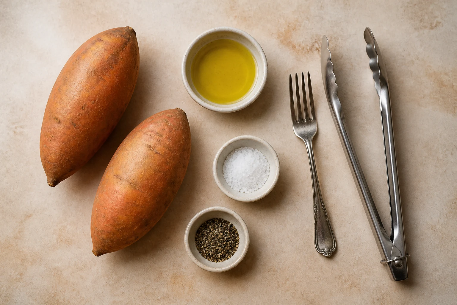 Two medium whole sweet potatoes, a small dish of olive oil, kosher salt, black pepper, a fork and tongs arranged without labels.