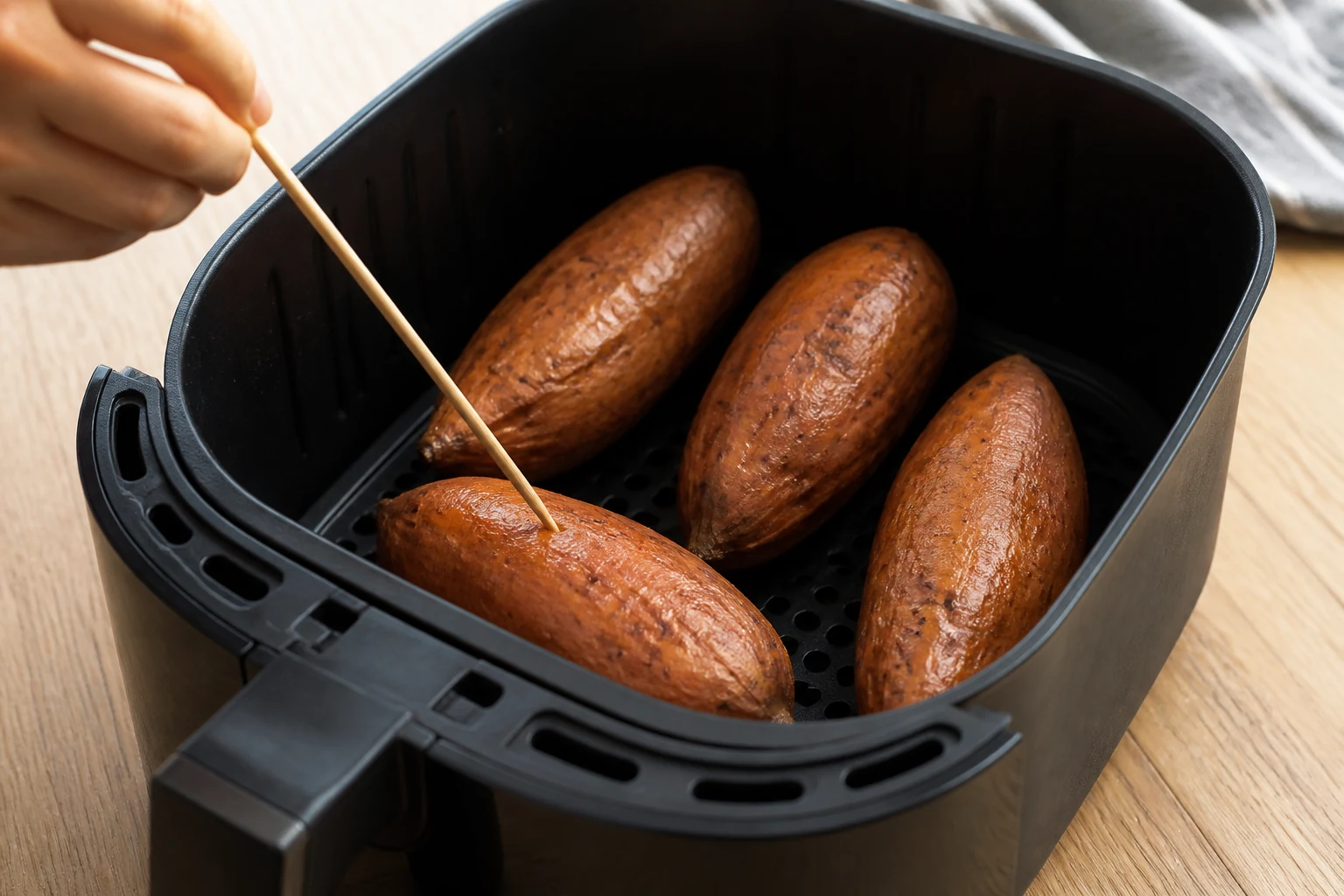 Whole scrubbed sweet potatoes spaced in a realistic air-fryer basket after turning, with one skewer checking the center of a finished potato.