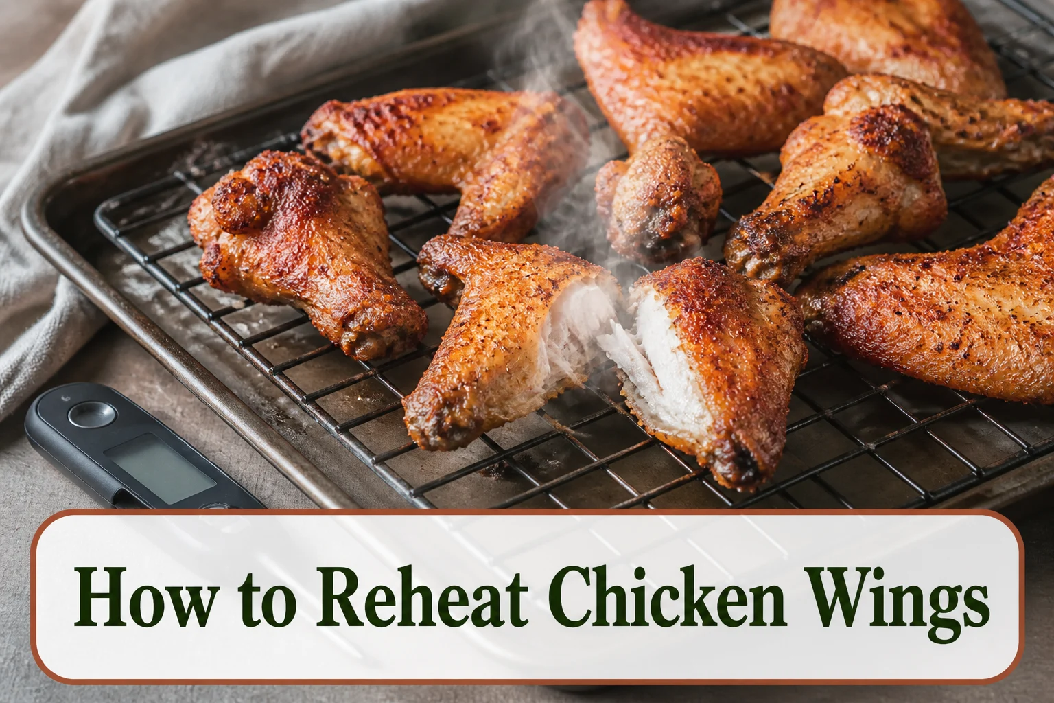A tray of reheated chicken wings with crisp revived skin on a wire rack, one wing opened to show a steaming hot center, thermometer nearby but not piercing the food. The lower title bubble reads How to Reheat Chicken Wings.