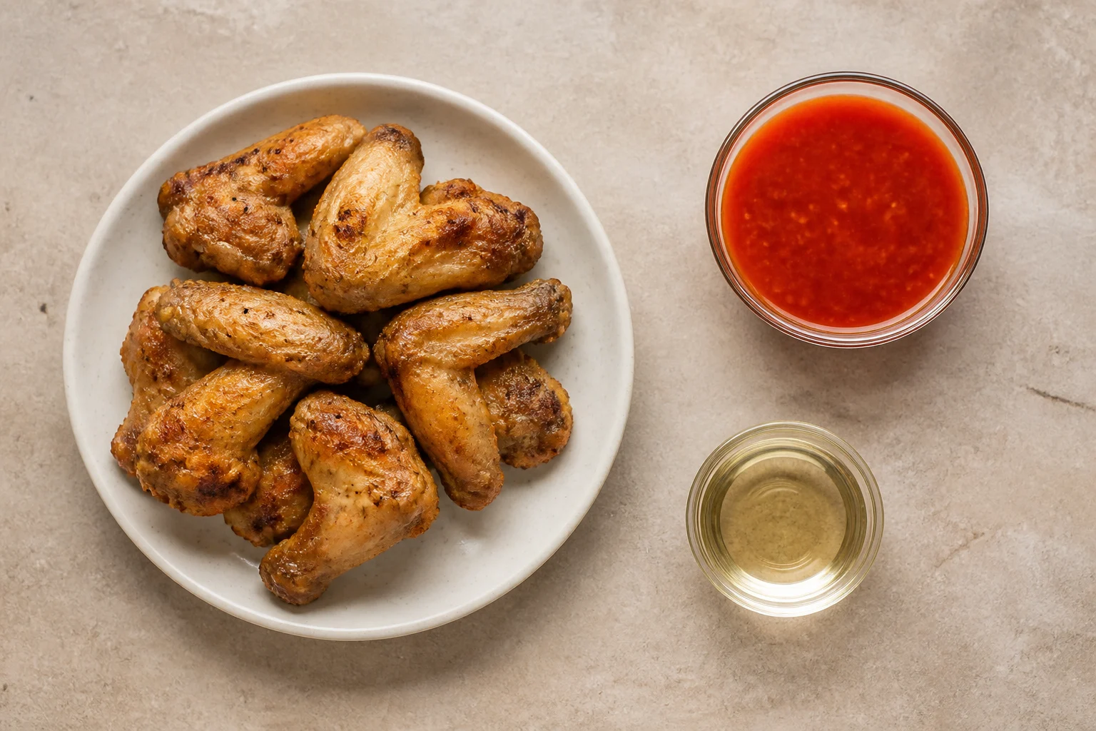 Refrigerated cooked chicken wings, a tiny bowl of neutral oil and a small bowl of fresh wing sauce arranged simply with no raw poultry.